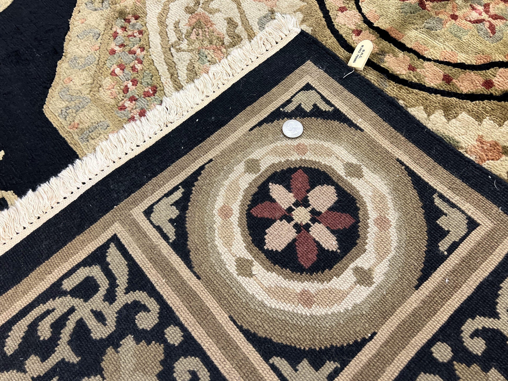 Tibetan Rug 8x10, Nepali Area Rug, Soft New Zealand Wool Carpet 8 x 10 ft, Black Tan Beige, Vintage Handmade Rug, French Aubusson Pattern - Nuvé