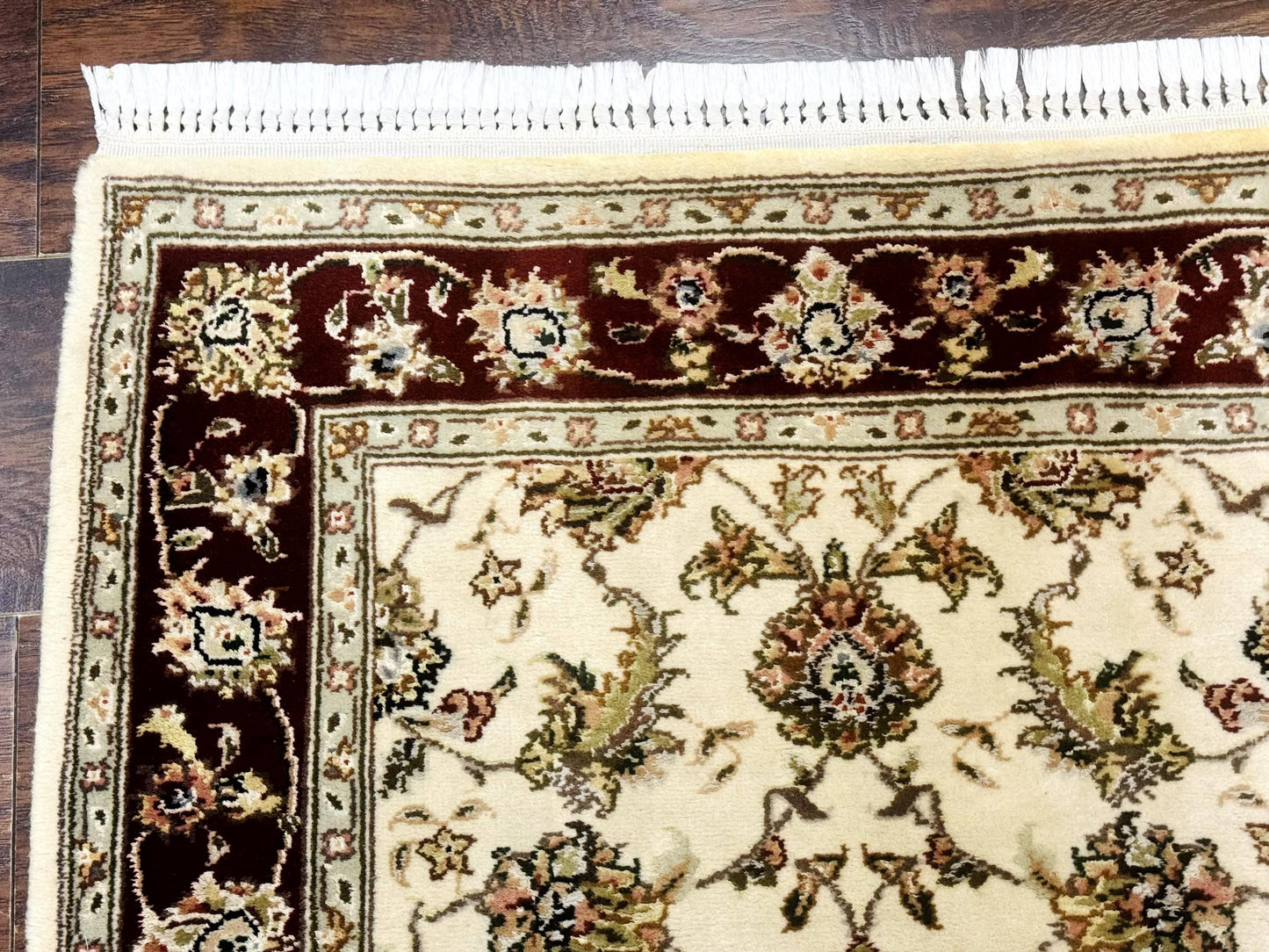 Pak Persian Runner Rug 2.8 x 8, Handmade Vintage Carpet, Beige and Maroon, Wool and Silk Highlights - Nuvé