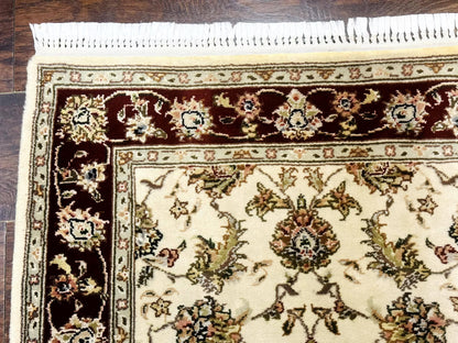 Pak Persian Runner Rug 2.8 x 8, Handmade Vintage Carpet, Beige and Maroon, Wool and Silk Highlights - Nuvé