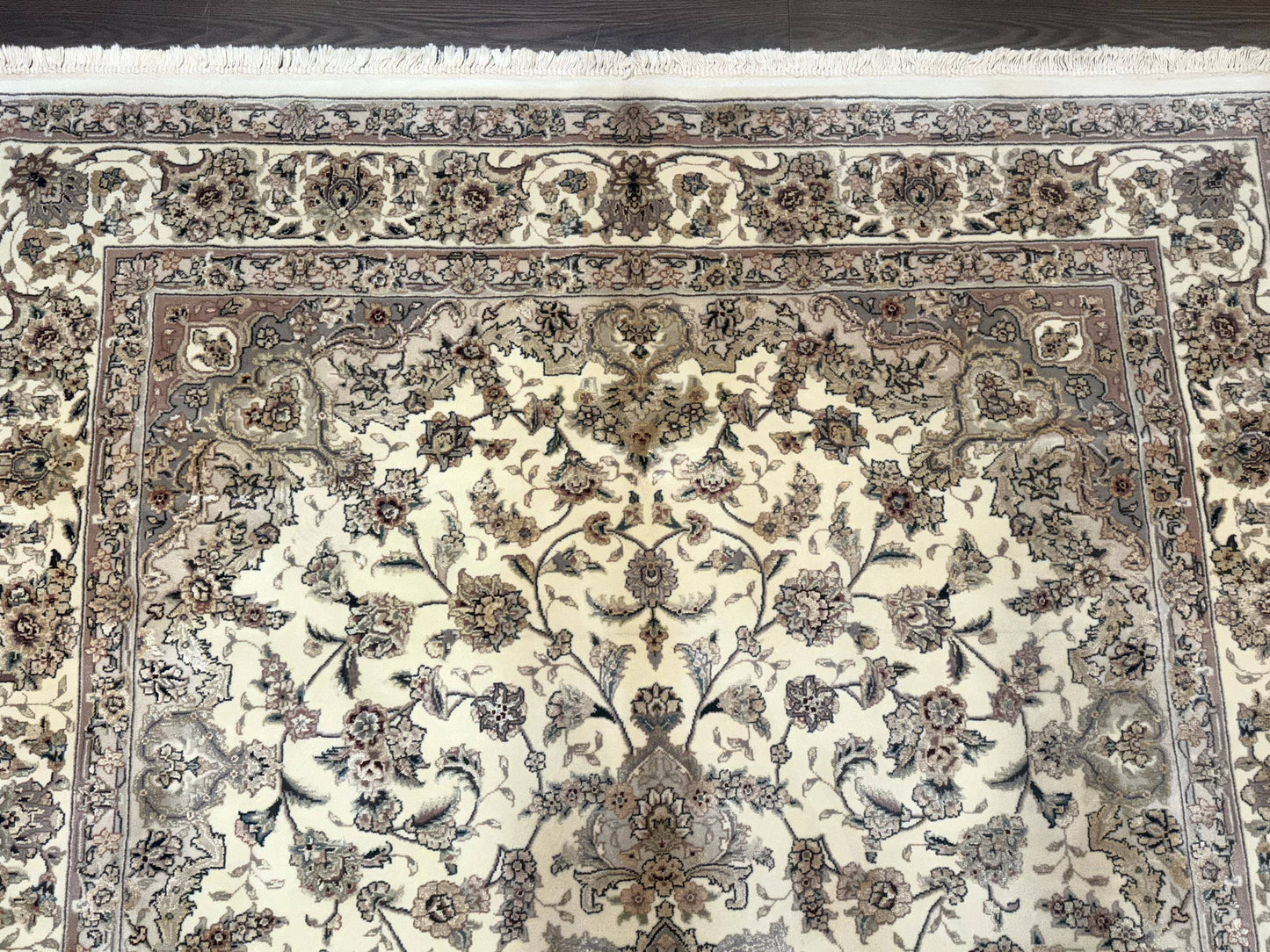 Sino Persian Rug 6x9, Floral Medallion, Ivory & Taupe, Wool with Silk Highlights, Fine 210 KPSI - Nuvé