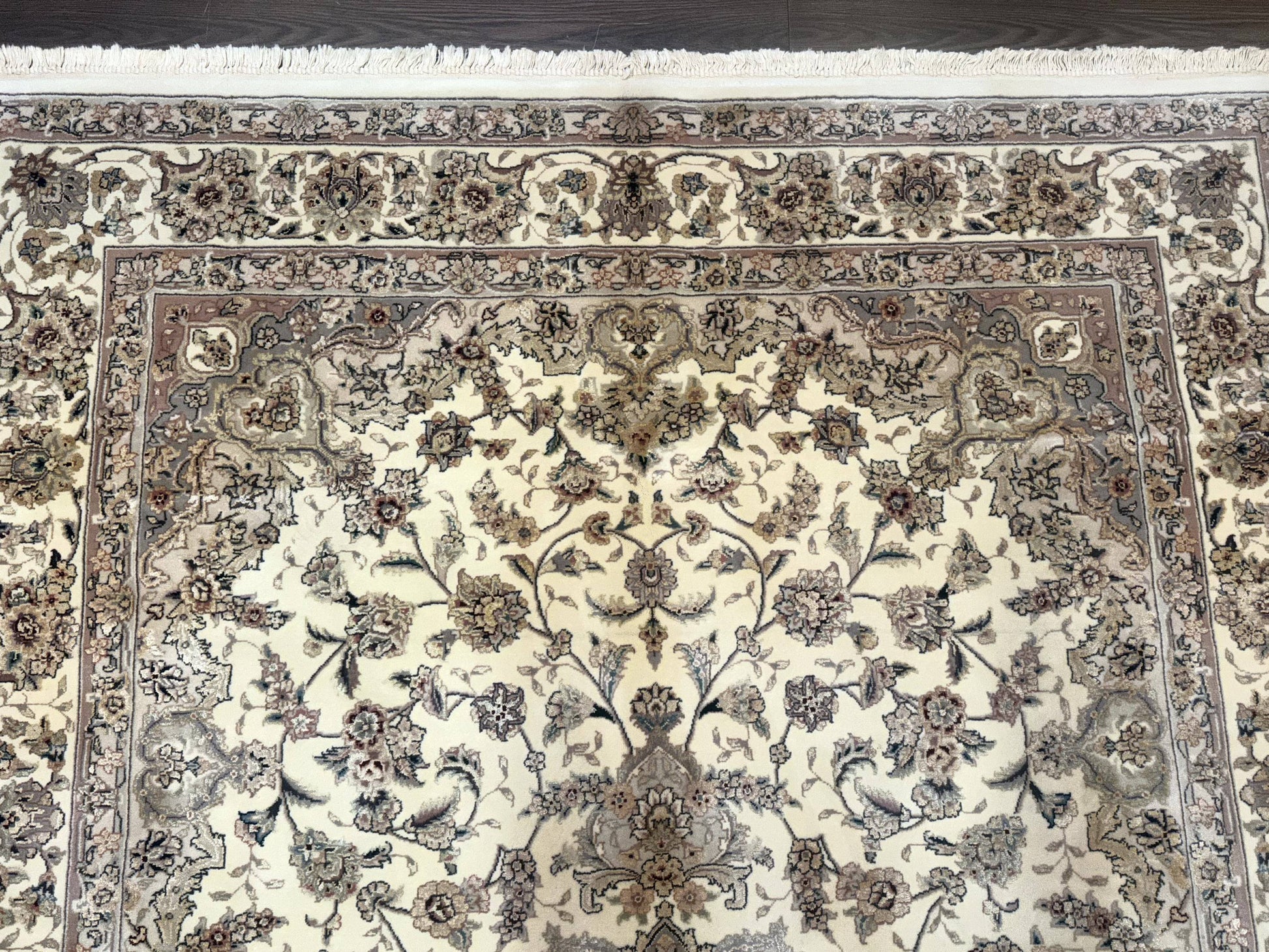 Sino Persian Rug 6x9, Floral Medallion, Ivory & Taupe, Wool with Silk Highlights, Fine 210 KPSI - Nuvé