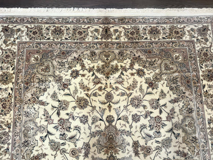 Sino Persian Rug 6x9, Floral Medallion, Ivory & Taupe, Wool with Silk Highlights, Fine 210 KPSI - Nuvé