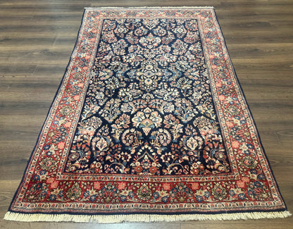 Navy Blue Persian Rug 4x6, Sarouk Mohajeran Carpet, Antique Persian Rug, Floral - Nuvé