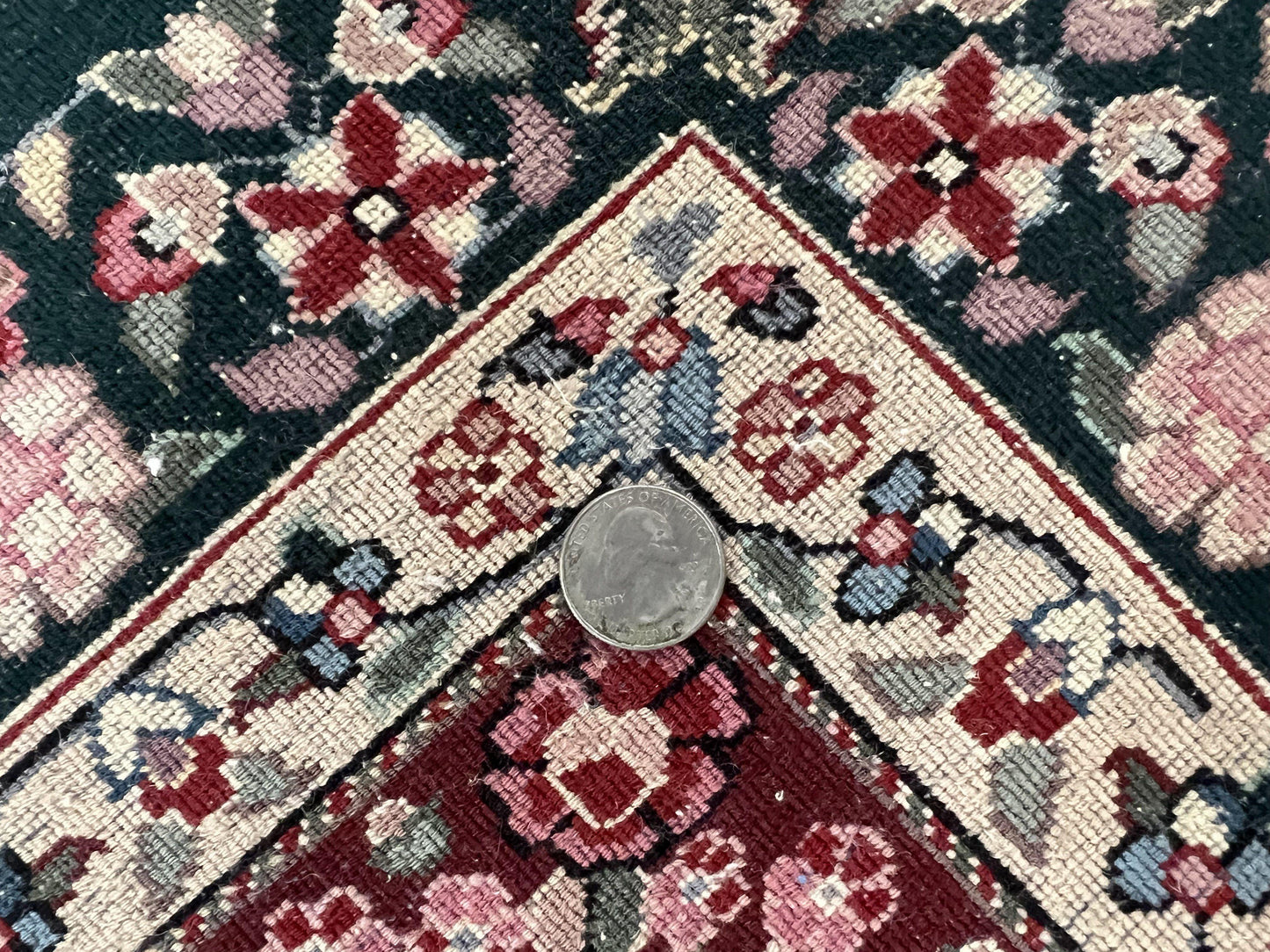 Large Sino Persian Rug 10x14, Wool Hand Knotted Vintage Carpet, Dark Green & Beige, Kirman Floral Rug, Fine Weave, Traditional, Large - Nuvé