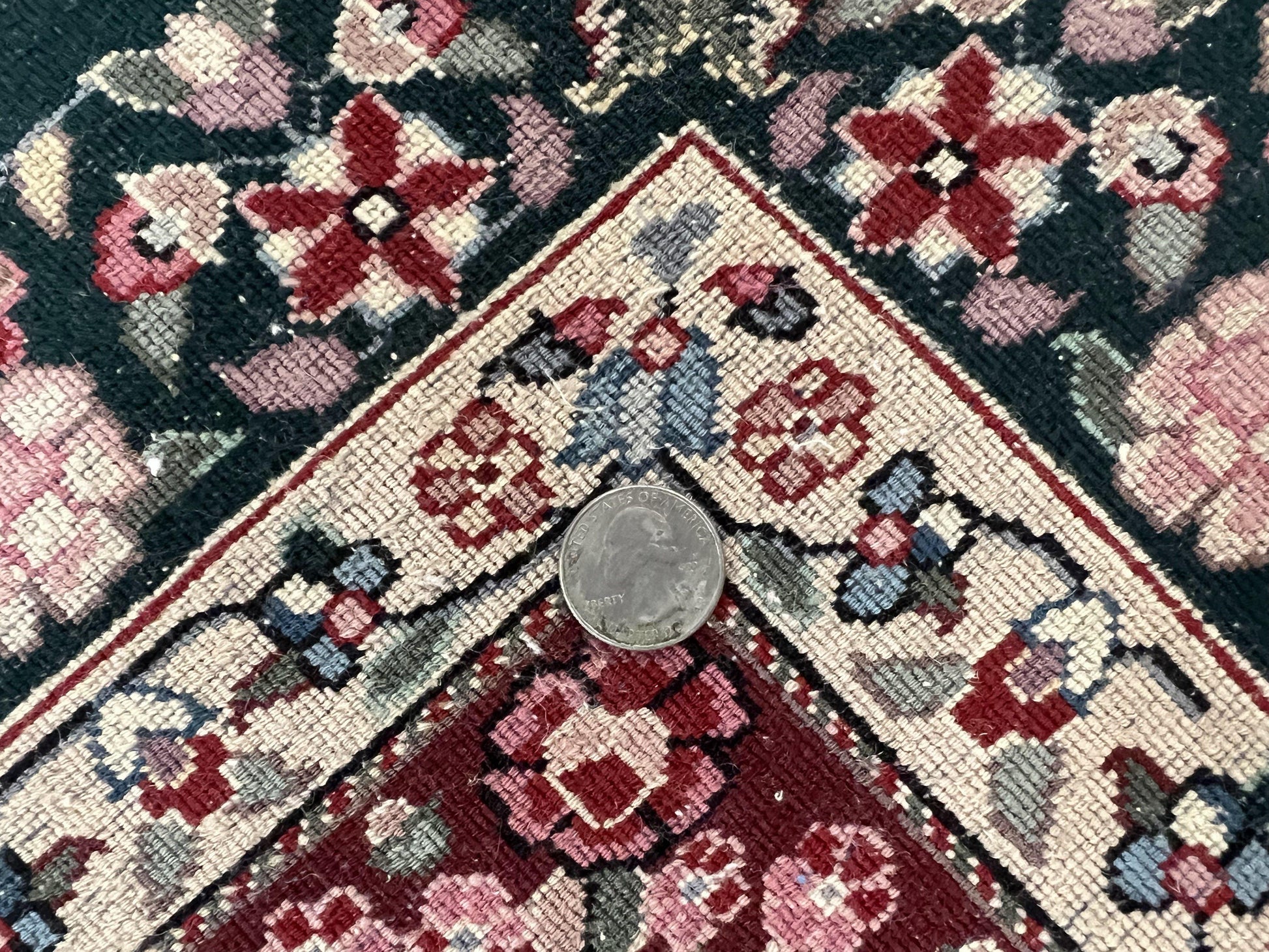 Large Sino Persian Rug 10x14, Wool Hand Knotted Vintage Carpet, Dark Green & Beige, Kirman Floral Rug, Fine Weave, Traditional, Large - Nuvé