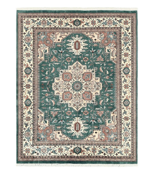 Indo Heriz Rug 9x12, Geometric Oriental Carpet, Room Sized Wool Handmade Hand Knotted Vintage Green and Cream Area Rug, Indian Rug 9 x 12