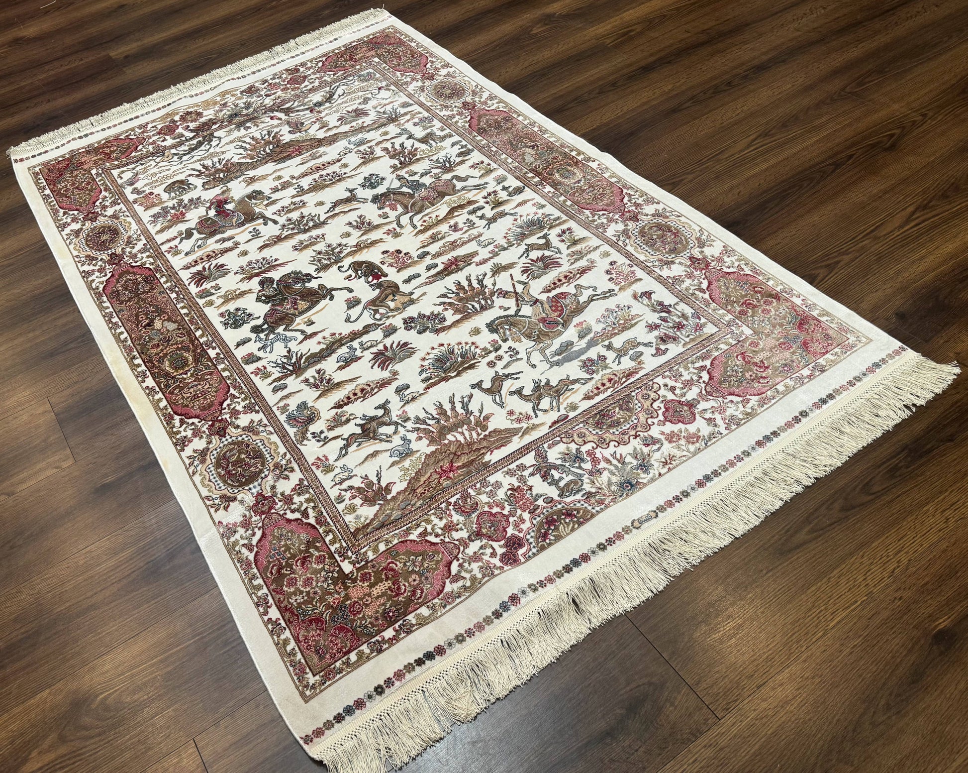 Turkish Silk Hunting Scene Rug 4x6, Ivory, Bamboo Silk, New - Nuvé