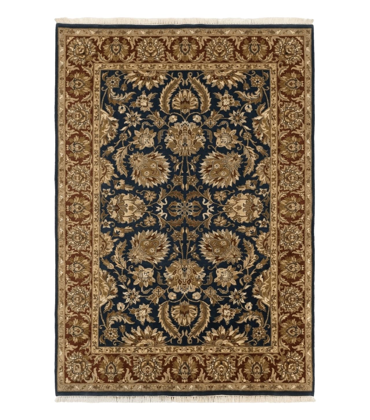 Indian Agra Rug 6x9, Floral, Traditional Rug, Dark Green Maroon Tan