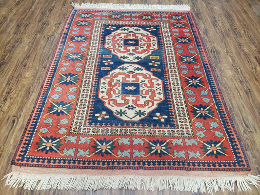 Turkish Kazak Rug 5x6 Vintage Handmade Wool Carpet Geometric Blue Red - Nuvé