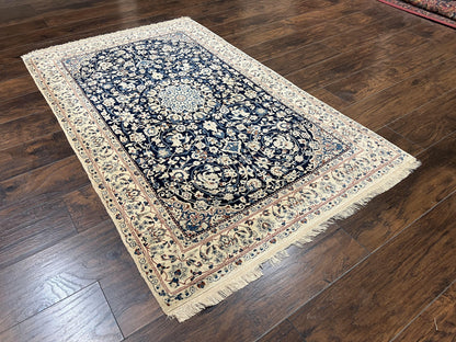 Very Fine Persian Nain Rug 3.7 x 6, Floral Medallion, Wool and Silk Accents, Highly Detailed, Hand Knotted Oriental Carpet, Navy Blue Ivory/Cream - Nuvé