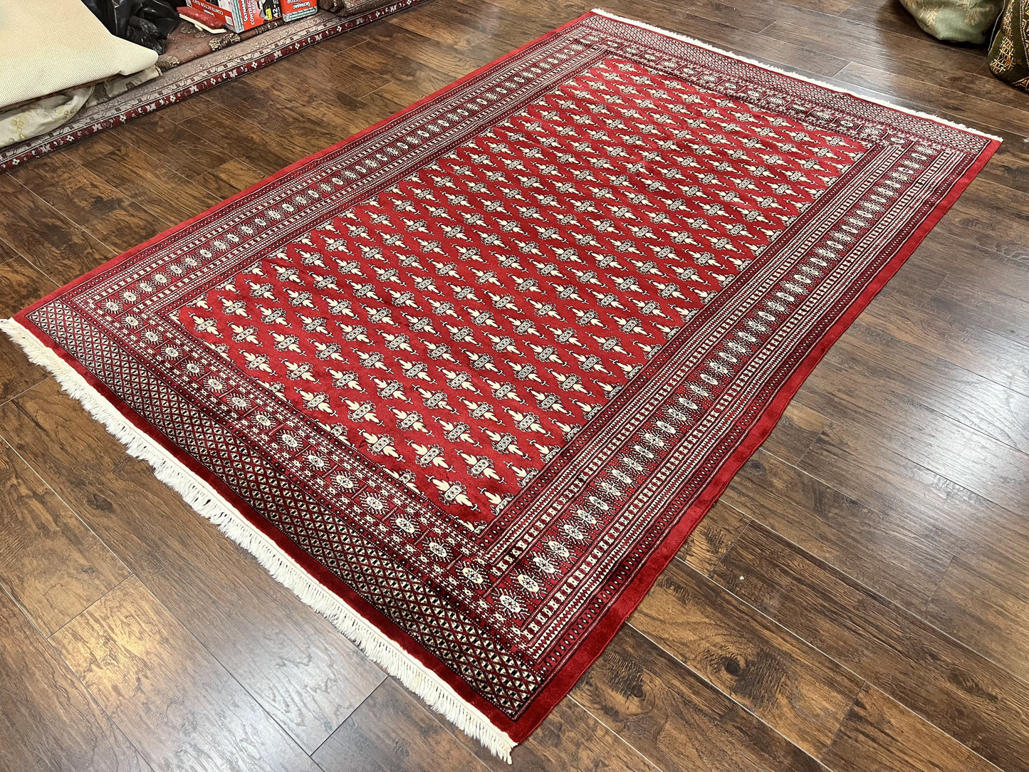 Pakistani Turkoman Bokhara Rug 6x9, Fine Wool Vintage Hand Knotted Handmade Yamud Oriental Carpet 6 x 9, Red Turkoman Rug, Tribal Rug - Nuvé