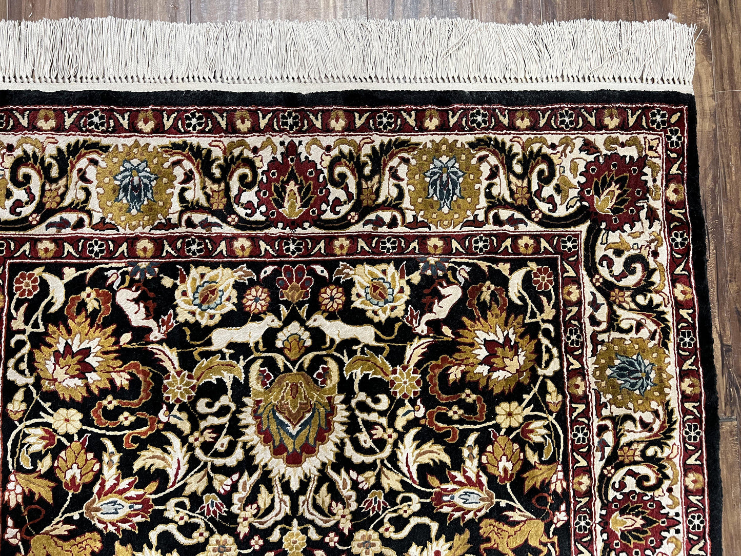 Sino Persian Silk Rug 3x5 Oriental Carpet 3 x 5 Fine Silk Rug, Black Ivory Gold, Animal Motifs, Flowers, High Quality, Vintage Silk Rug Wow - Nuvé