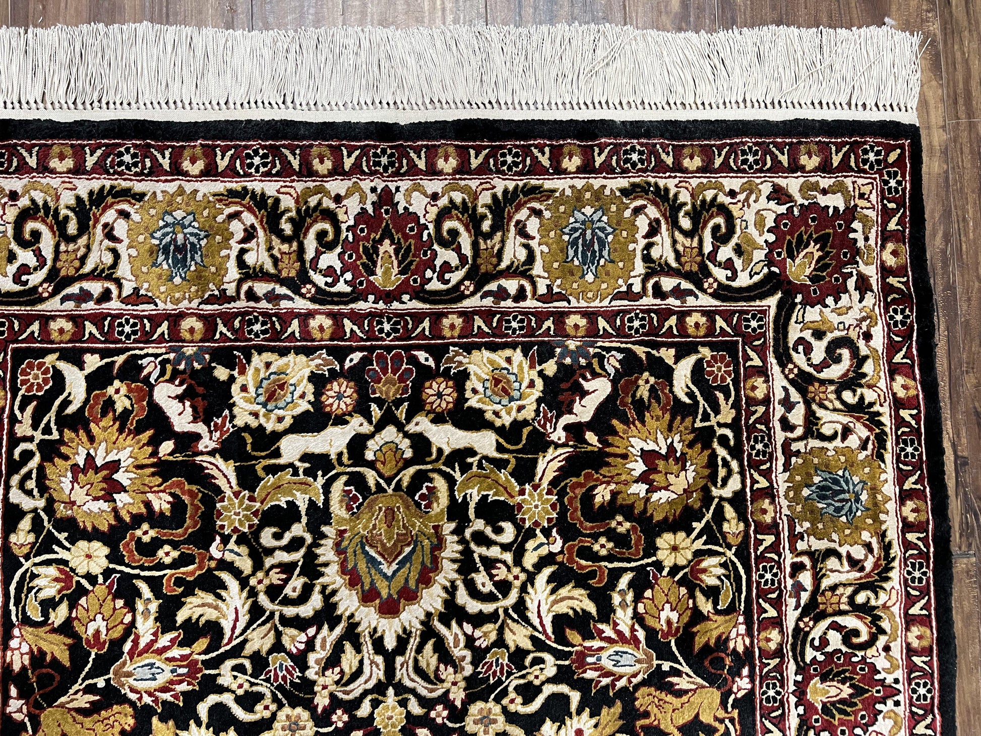 Sino Persian Silk Rug 3x5 Oriental Carpet 3 x 5 Fine Silk Rug, Black Ivory Gold, Animal Motifs, Flowers, High Quality, Vintage Silk Rug Wow - Nuvé