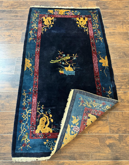 Antique Chinese Peking Rug 3x6, Dark Blue, Bird Motif, Handmade Wool Art Deco Asian Oriental Carpet, Pair B