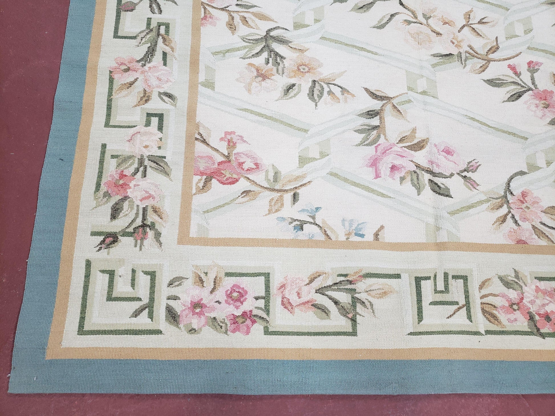 Vintage Aubusson Area Rug, Aubusson Flat weave Carpet, Floral Geometric Pattern, Beige Teal Green, 4x6 Rug, European Design - Nuvé