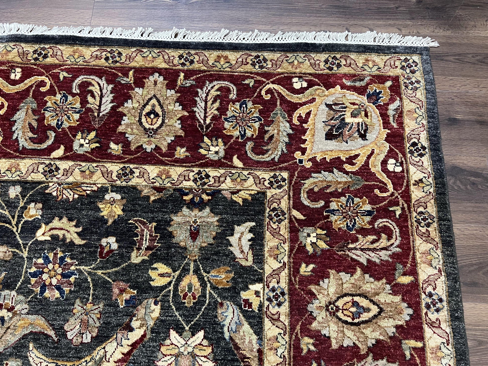 Pak Persian Mahal Rug 9x12, Allover Floral Pakistani Oriental Carpet 9 x 12, Wool Hand Knotted Area Rug, Dark Slate Gray-Black and Maroon - Nuvé