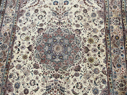 Beautiful Pak Persian Rug 6x9, Floral Medallion, Wool and Silk, Highly Detailed Elegant Carpet, Vintage Oriental Rug 6 x 9, Cream and Gray - Nuvé