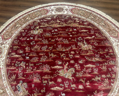 Large Round Turkish Silk Rug 8x8, Hunting Design, Dark Red & Ivory, Bamboo Silk - Nuvé