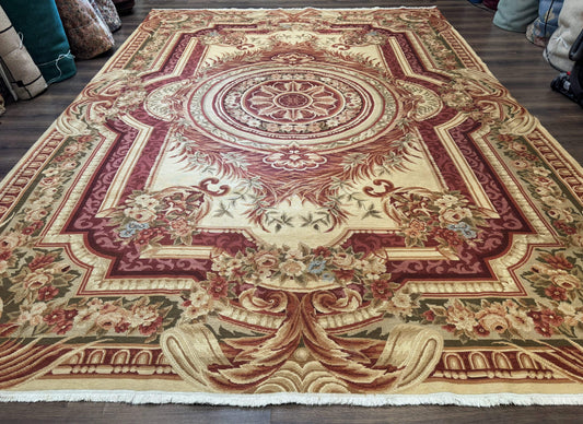 Large Aubusson Rug 10x13, Thick Flatweave Carpet, Elegant European Design, Cream and Raspberry - Nuvé