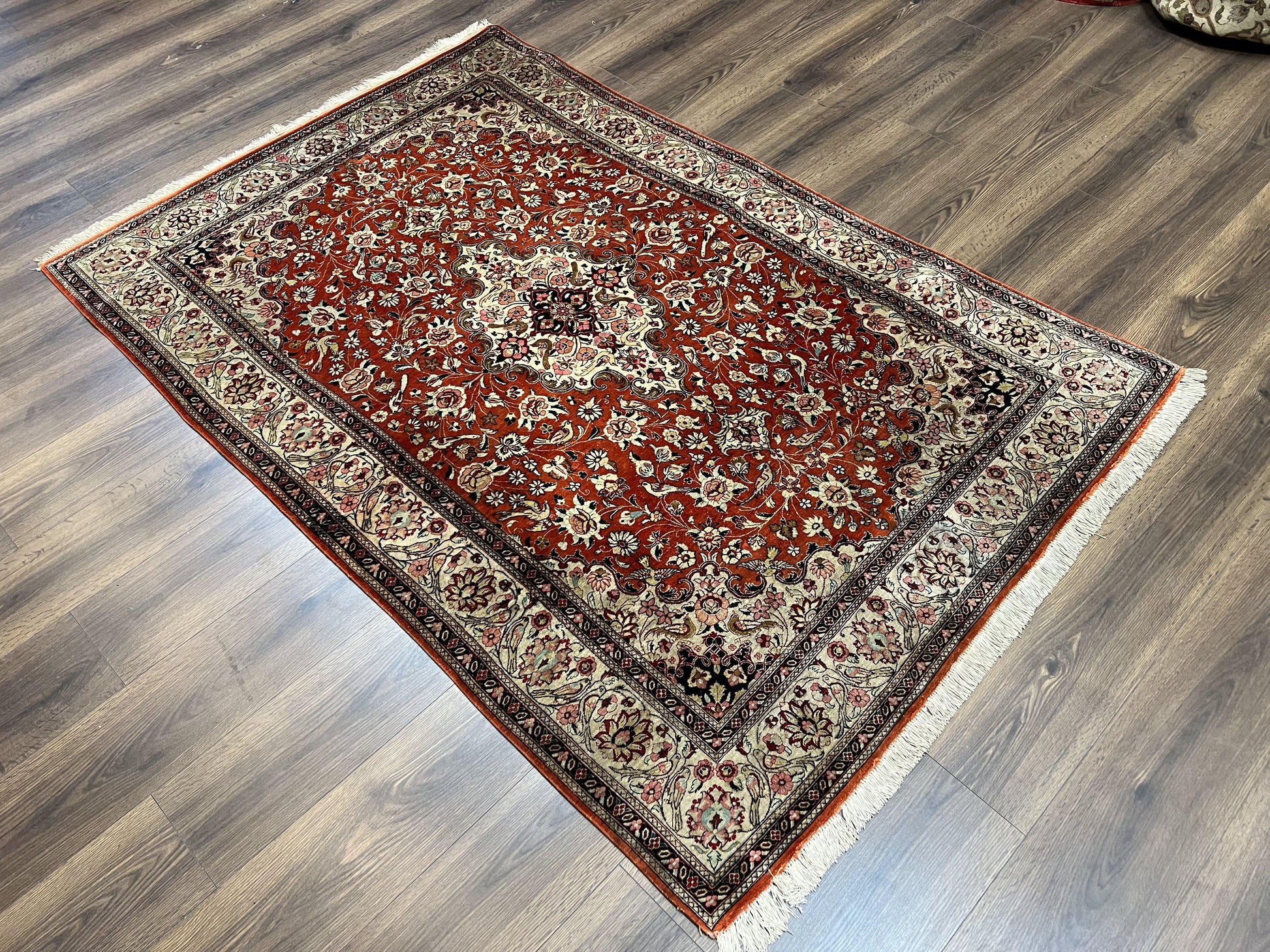Persian Qum Silk Rug 5x7 - Floral Medallion, Birds, Orange-Red - Nuvé