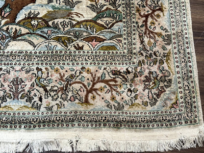 Indian Kashmiri Silk Rug 4x7, Tree of Life Design, Very Fine 380 KPSI, Birds