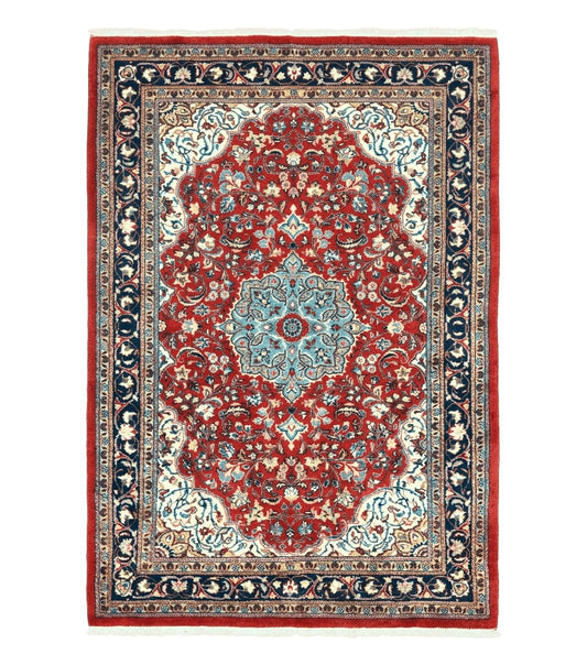 Persian Sarouk Rug 4x7, Red Navy Blue Vintage Wool Medallion Carpet