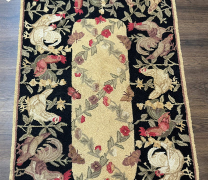 Small Vintage Hooked Rug, Roosters, Handmade, Wool - Nuvé