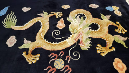 Rare Antique Chinese Art Deco Rug 6x9 with Dragon, Black Chinese Carpet 6 x 9, Hand Knotted Wool Area Rug - Nuvé