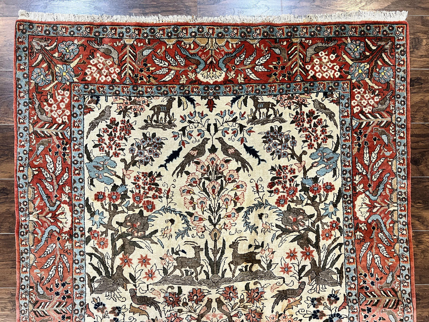 Persian Tree of Life 5x7, Qum Rug, Animal Motifs, Deer Birds, Fine 225 KPSI, Semi Antique Vintage Handmade Wool Rug, Cream Red - Nuvé