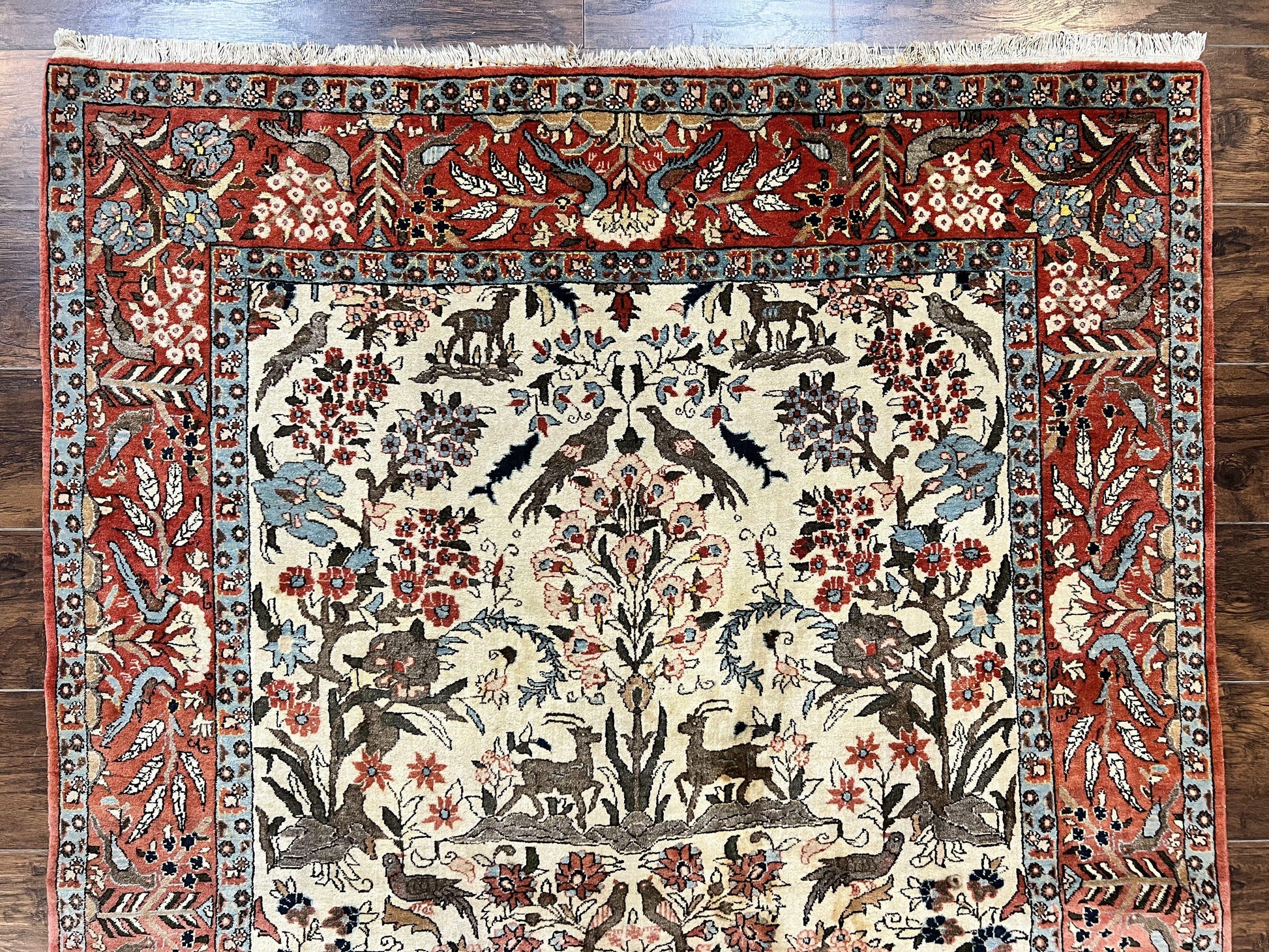 Persian Tree of Life 5x7, Qum Rug, Animal Motifs, Deer Birds, Fine 225 KPSI, Semi Antique Vintage Handmade Wool Rug, Cream Red - Nuvé