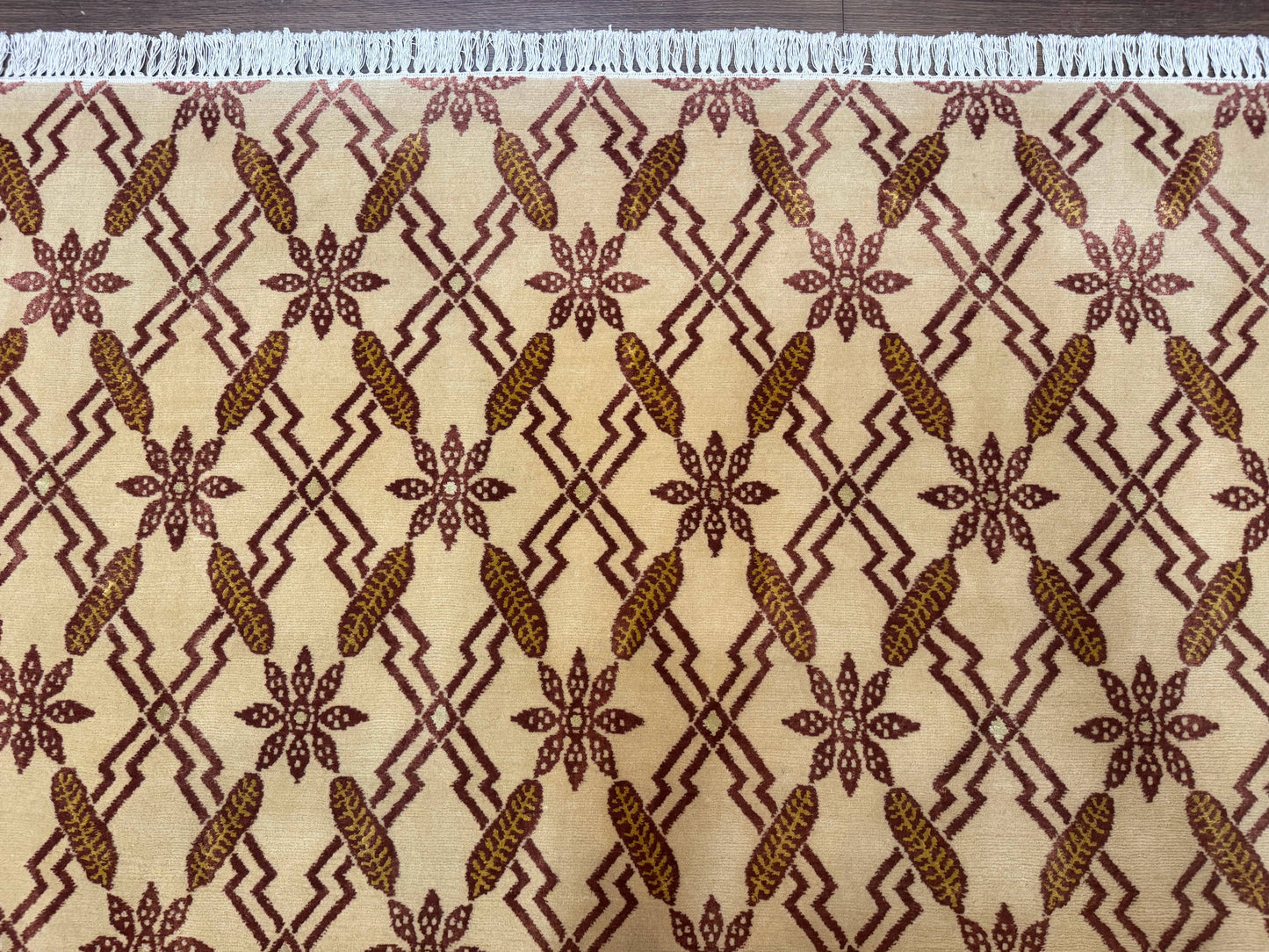 Tibetan Rug 8x10, Wool with Silk Highlights, Beige and Maroon, Contemporary Carpet - Nuvé