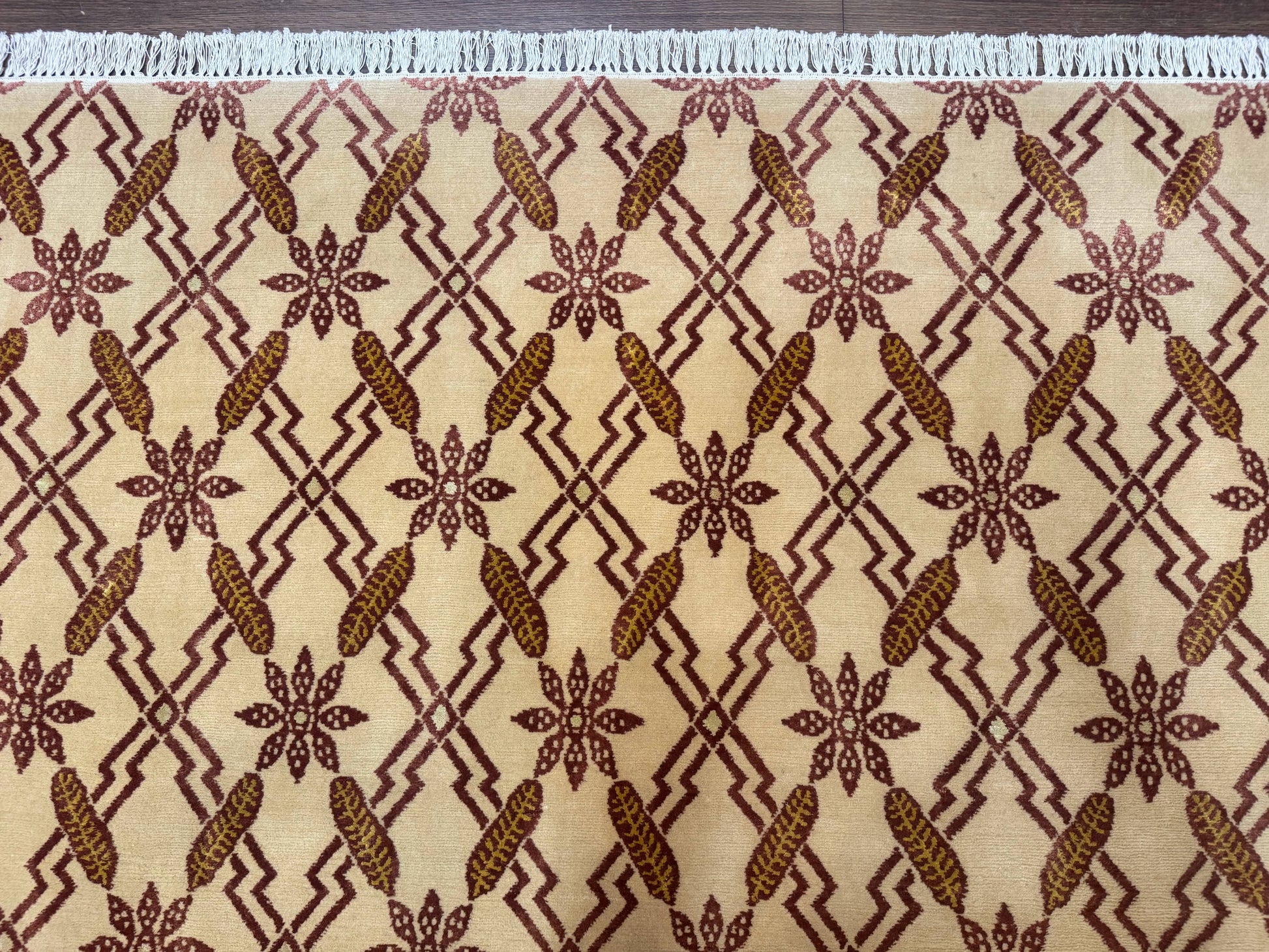 Tibetan Rug 8x10, Wool with Silk Highlights, Beige and Maroon, Contemporary Carpet - Nuvé