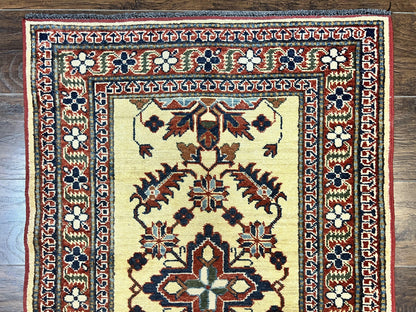 Afghan Heriz Runner Rug 2.9 x 12, Vintage Hand Knotted Persian Carpet for Hallway, 12ft Runner, Wool, Cream