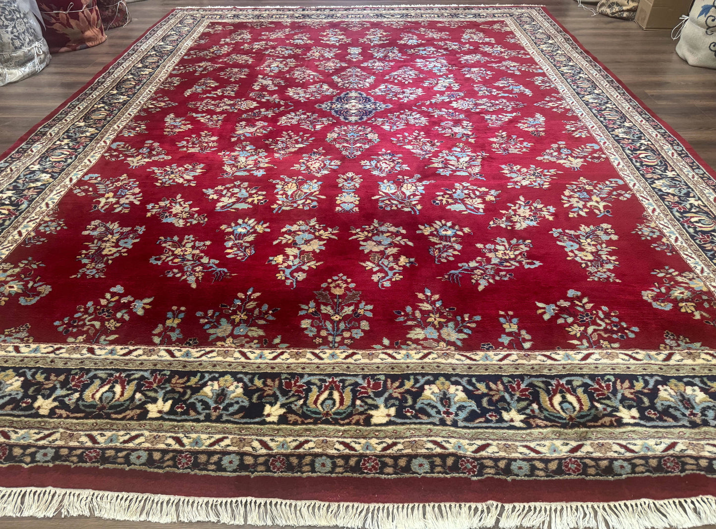 Indo Persian Sarouk Rug 10x14, Large Red and Navy Blue Carpet, Traditional Floral Wool Rug - Nuvé