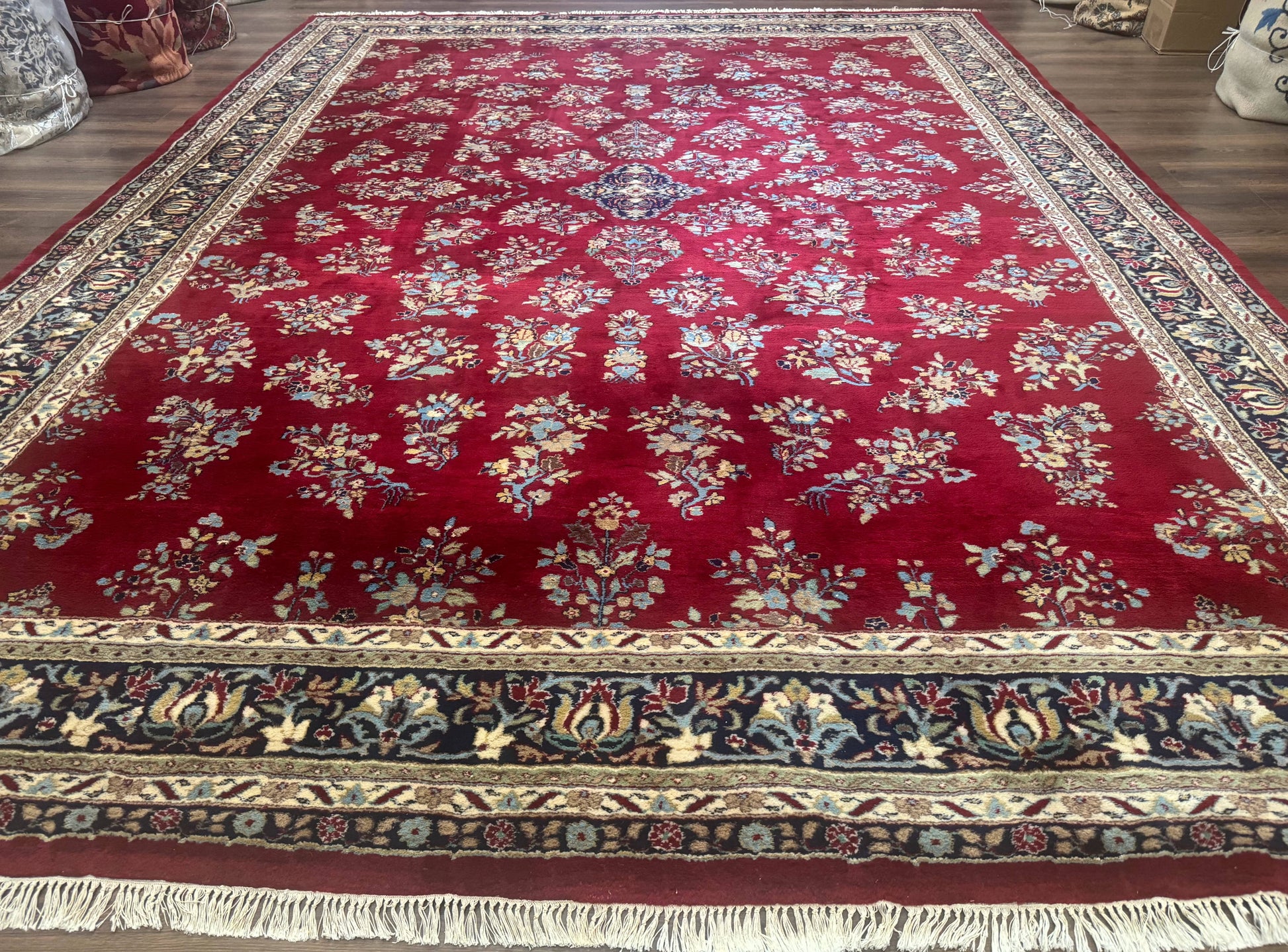 Indo Persian Sarouk Rug 10x14, Large Red and Navy Blue Carpet, Traditional Floral Wool Rug - Nuvé