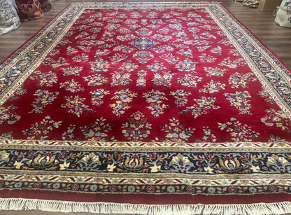 Indo Persian Sarouk Rug 10x14, Large Red and Navy Blue Carpet, Traditional Floral Wool Rug - Nuvé