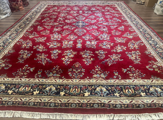 Indo Persian Sarouk Rug 10x14, Large Red and Navy Blue Carpet, Traditional Floral Wool Rug - Nuvé
