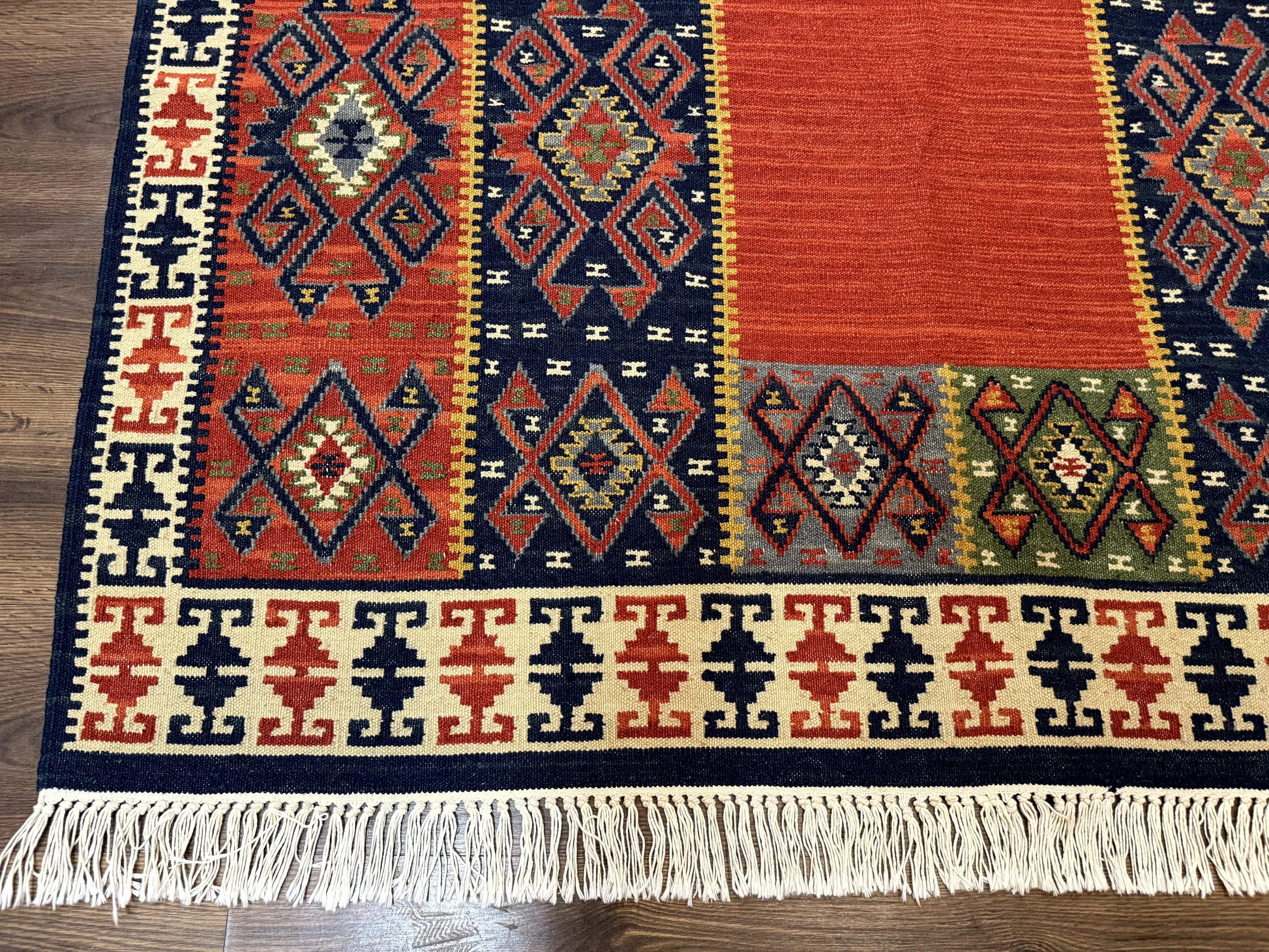 Turkish Kilim Rug 5x8, Flatweave Carpet, Handmade Bohemian Rug, Terracotta and Navy Blue - Nuvé