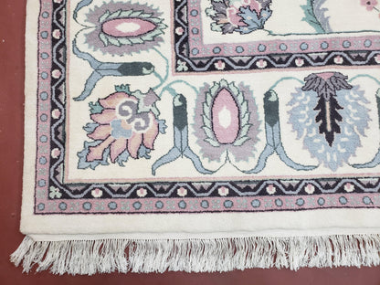 Ivory & Teal Indo Persian Area Rug 9x12, Wool Hand-Knotted Oriental Carpet, 9 x 12 Soft Traditional Living Room Rug, Dining Room Rug - Nuvé