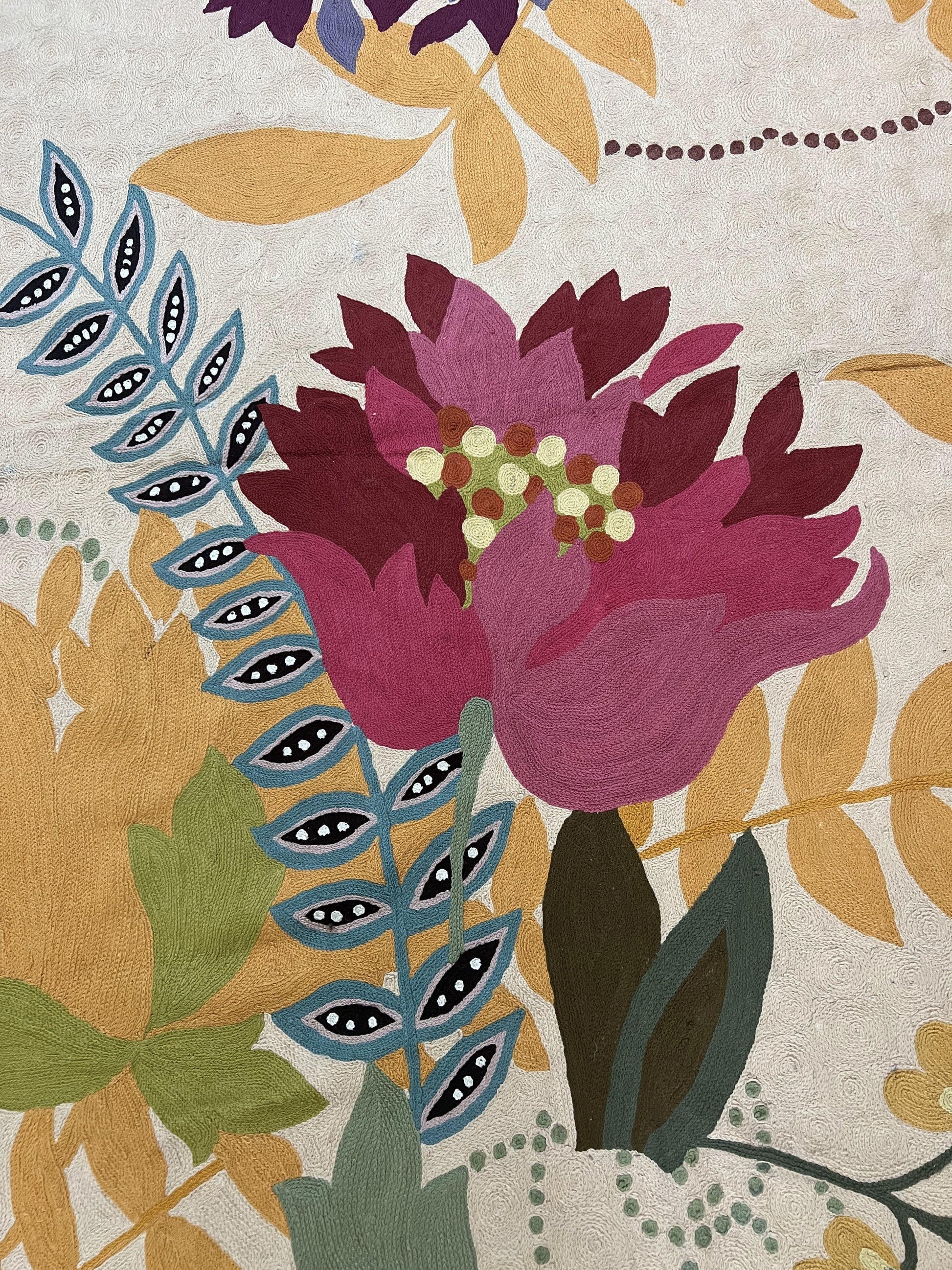 Indian Chain Stitched Rug 4x6, Hand Stitched Indian Embroidery Carpet, Large Floral Design, Contemporary, Cream and Colorful Flowers, Wool - Nuvé