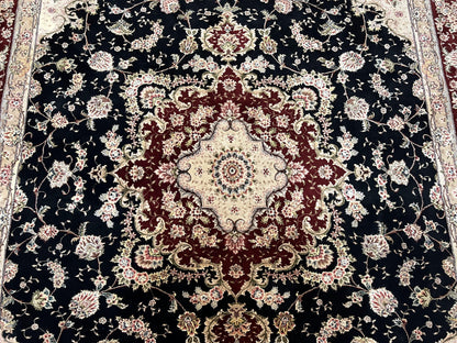 Pak Persian Rug 8.8 x 10.6, Floral Medallion, Wool and Silk Hand Knotted Fine Oriental Carpet, Elegant Rug, Black Gray Burgundy, Room Sized - Nuvé
