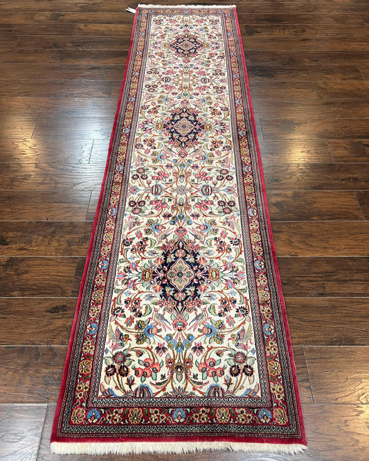 Wonderful Persian Qum Runner Rug 2.8 x 10 ft, Floral Medallions with Bird Motifs, Hand Knotted Wool Fine Oriental 10ft Hallway Runner, Cream Red - Nuvé