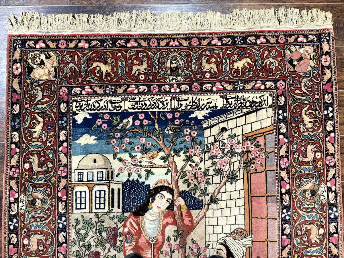Wonderful Persian Kashan Pictorial Rug 4.7 x 6.5, Persian Rug for Wall Hanging, Handmade Antique Wool Carpet Animal Motifs Poetry Lovers, 240 KPSI