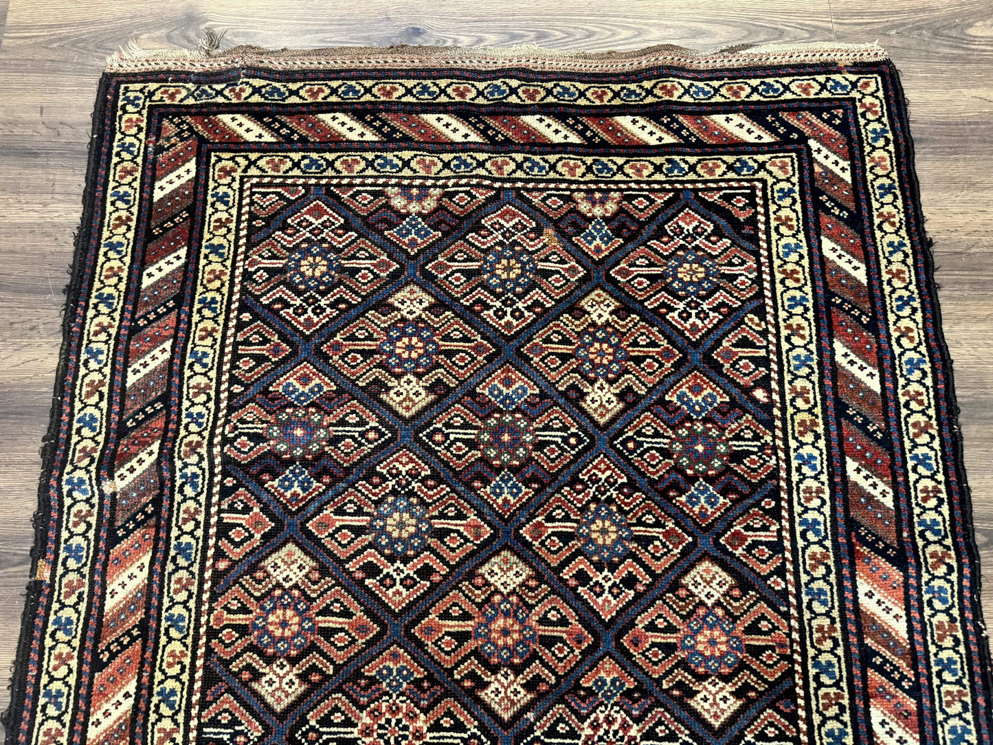 Antique Persian Wide Runner Rug 4x9, Kurdish Rug, Panel Design, Rainbow Border, Rare Tribal Rug - Nuvé