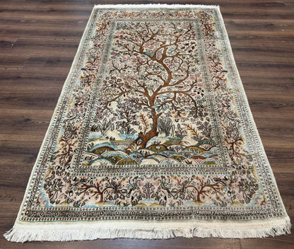 Indian Kashmiri Silk Rug 4x7, Tree of Life Design, Very Fine 380 KPSI, Birds - Nuvé