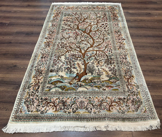 Indian Kashmiri Silk Rug 4x7, Tree of Life Design, Very Fine 380 KPSI, Birds - Nuvé