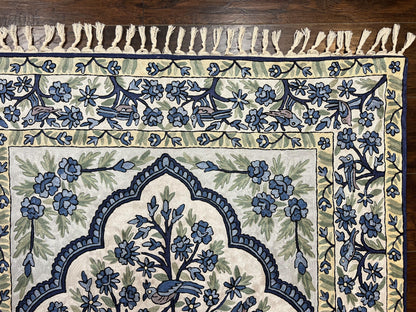 Tree of Life Indian Hand Stitched Rug 4x6, Indian Wall Hanging Rug, Ivory Blue, Silk on Cotton, Vintage - Nuvé