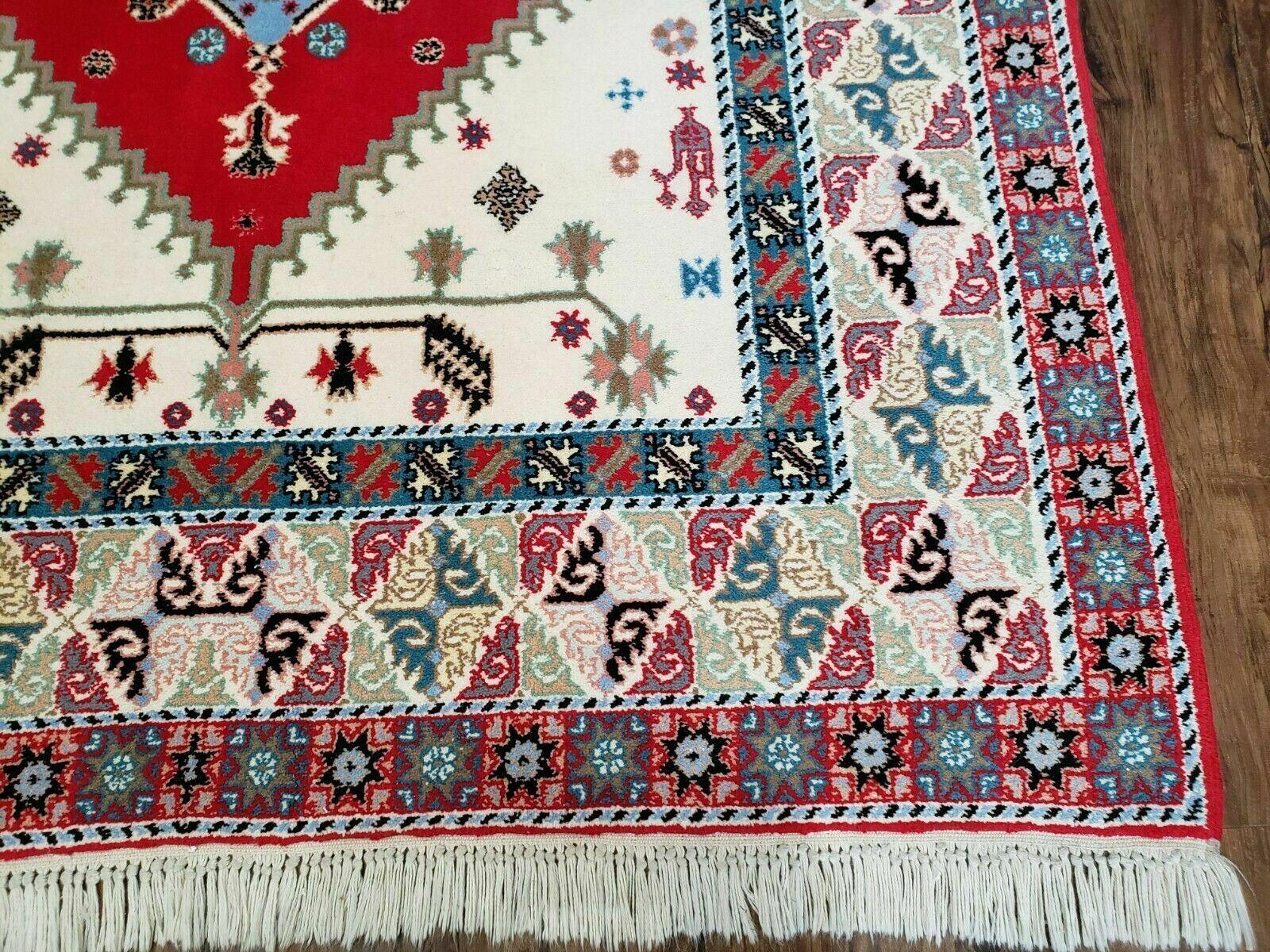 Vintage Moroccan Carpet 5x7 Area Rug, Berber Rug, Handmade Soft Wool Rug, Red Ivory and Blue, Geometric Medallion Rug, Bohemian Rug, Nice - Nuvé