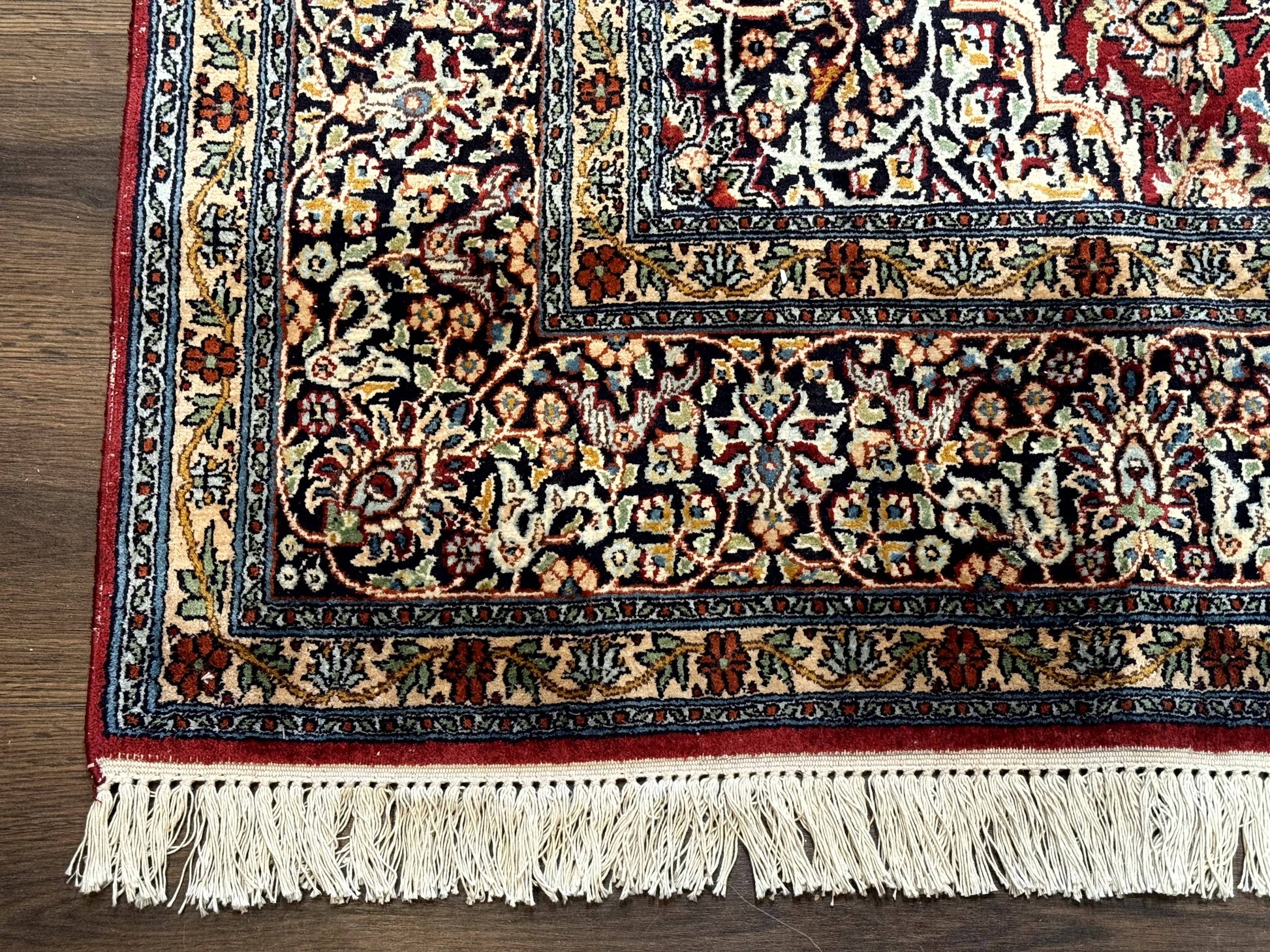 Indian Kashmiri Silk Rug 6x9, Red and Navy Blue, Floral Medallion, Fine 275 KPSI - Nuvé