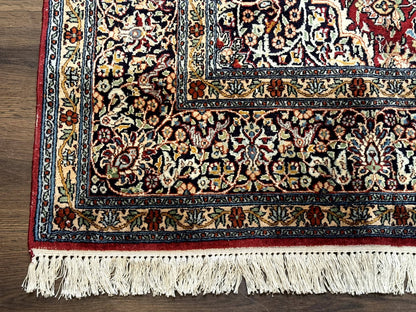 Indian Kashmiri Silk Rug 6x9, Red and Navy Blue, Floral Medallion, Fine 275 KPSI - Nuvé
